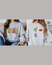Heather gray custom holiday sweatshirt with Grinch design and 'MAMA' text