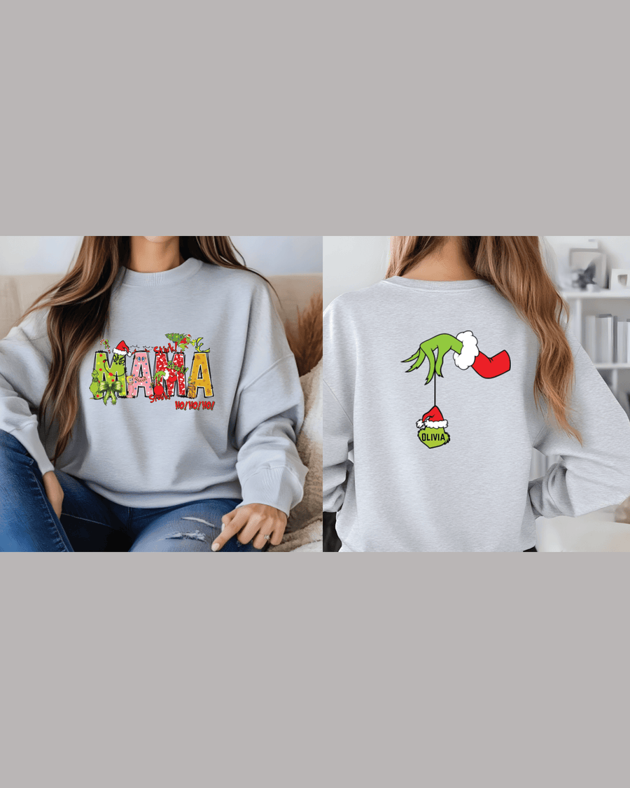 Heather gray custom holiday sweatshirt with Grinch design and 'MAMA' text