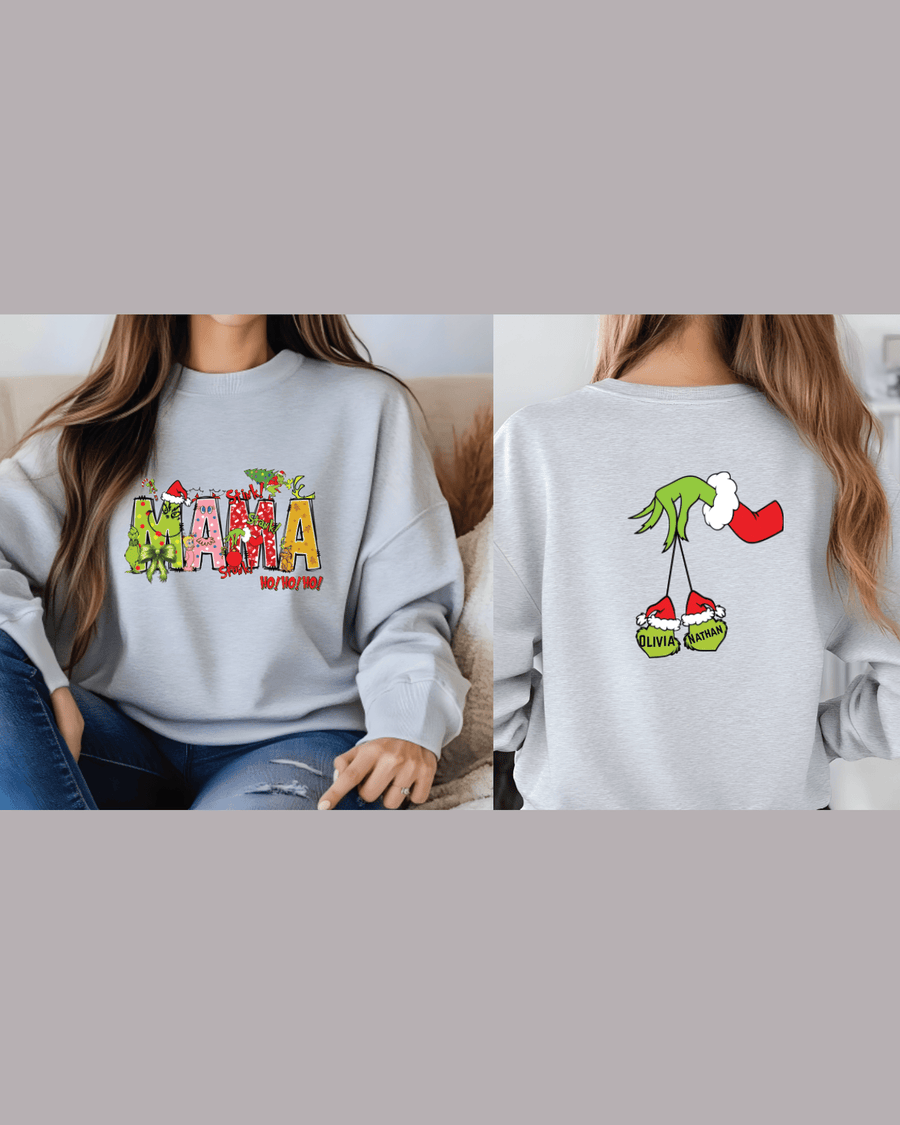 Gray festive sweatshirt with two personalized Grinch ornaments on back