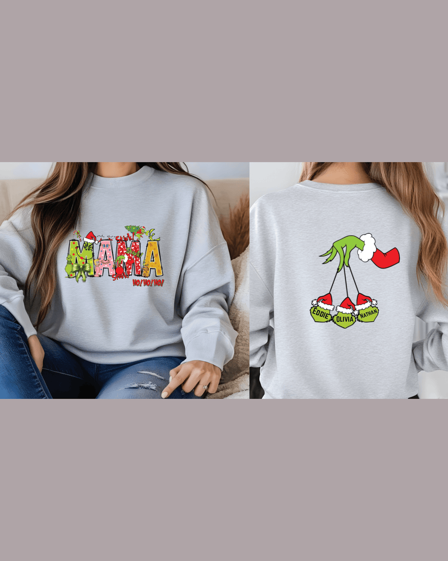 Custom Grinch hoodie featuring three personalized name ornaments on back