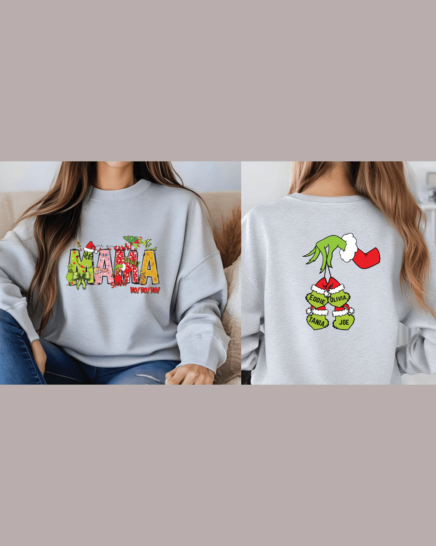 Cozy Grinch-themed sweatshirt with four personalized name ornaments