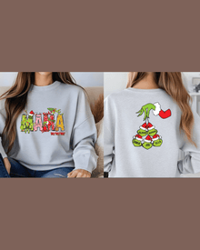 Personalized family Grinch sweatshirt with five name ornaments on back
