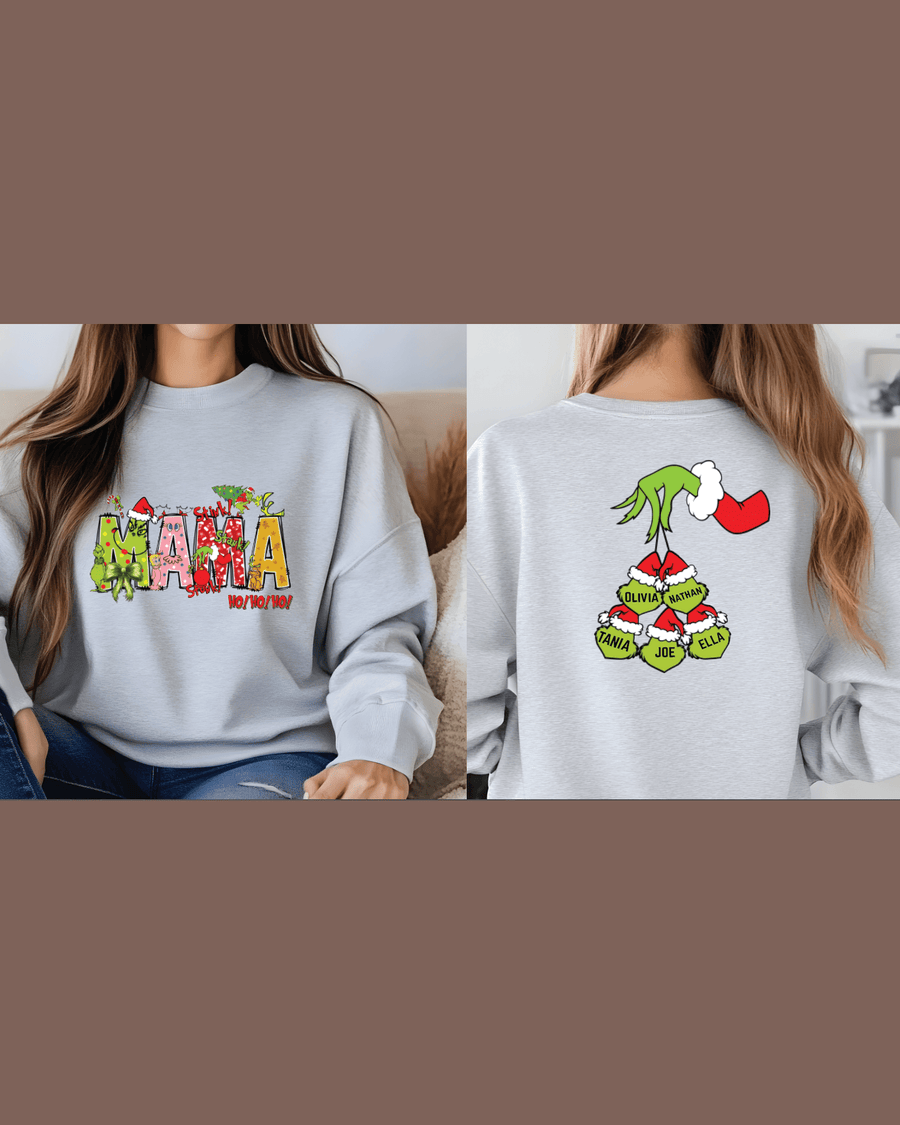 Personalized family Grinch sweatshirt with five name ornaments on back
