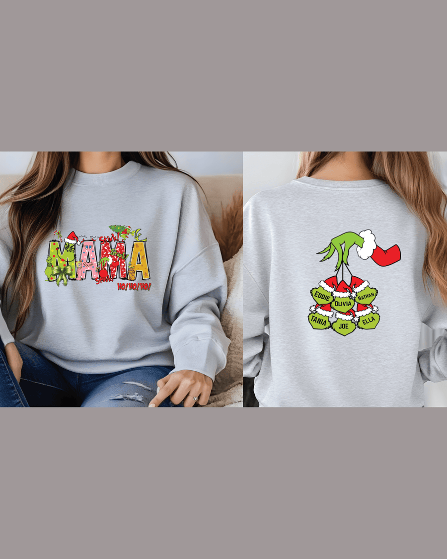 Family matching Grinch sweatshirt with six personalized name ornaments