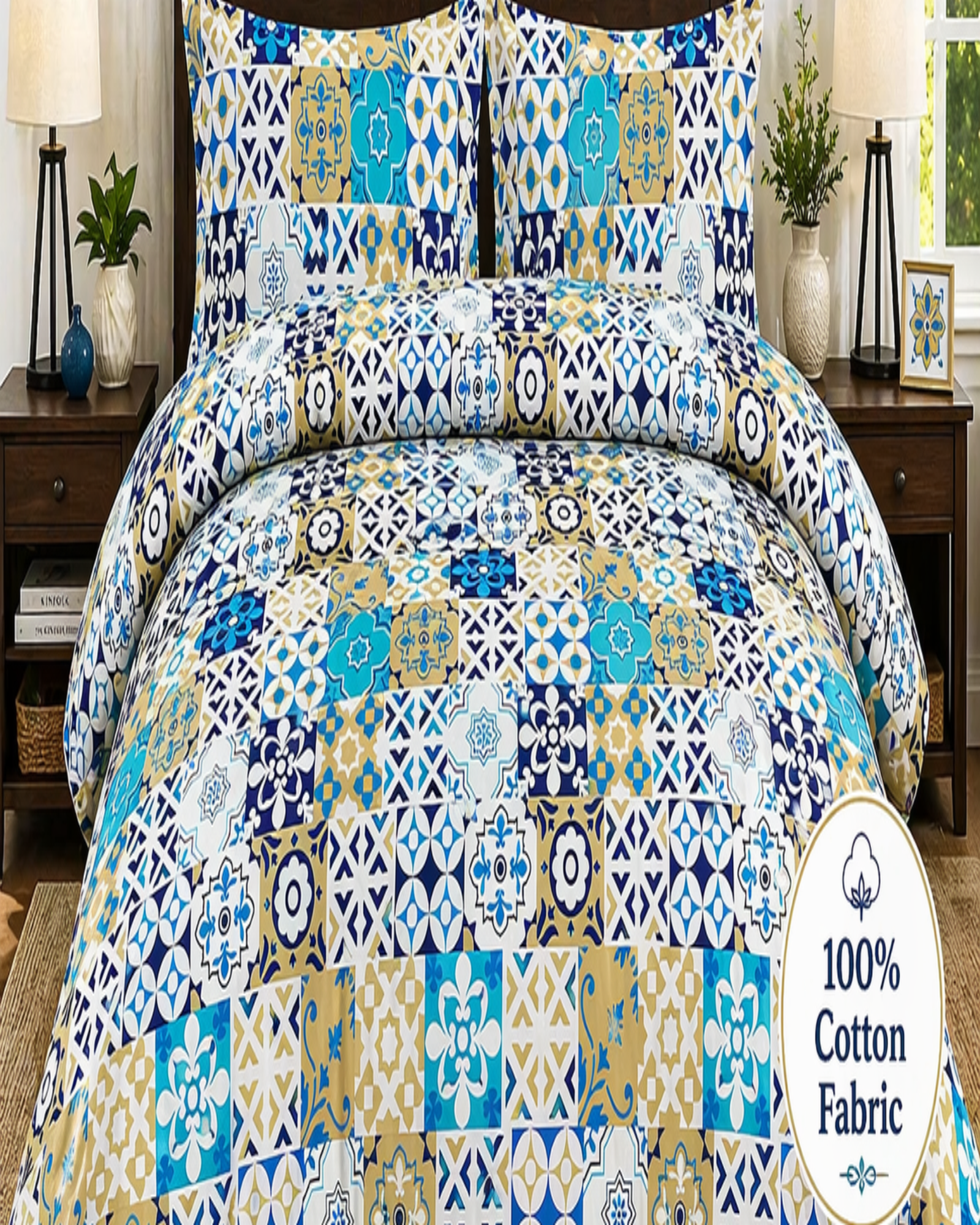 Cotton Bedding Set, Mediterranean Mosaic Bed Sheets, Soft, Breathable & Fade-Resistant — view 2