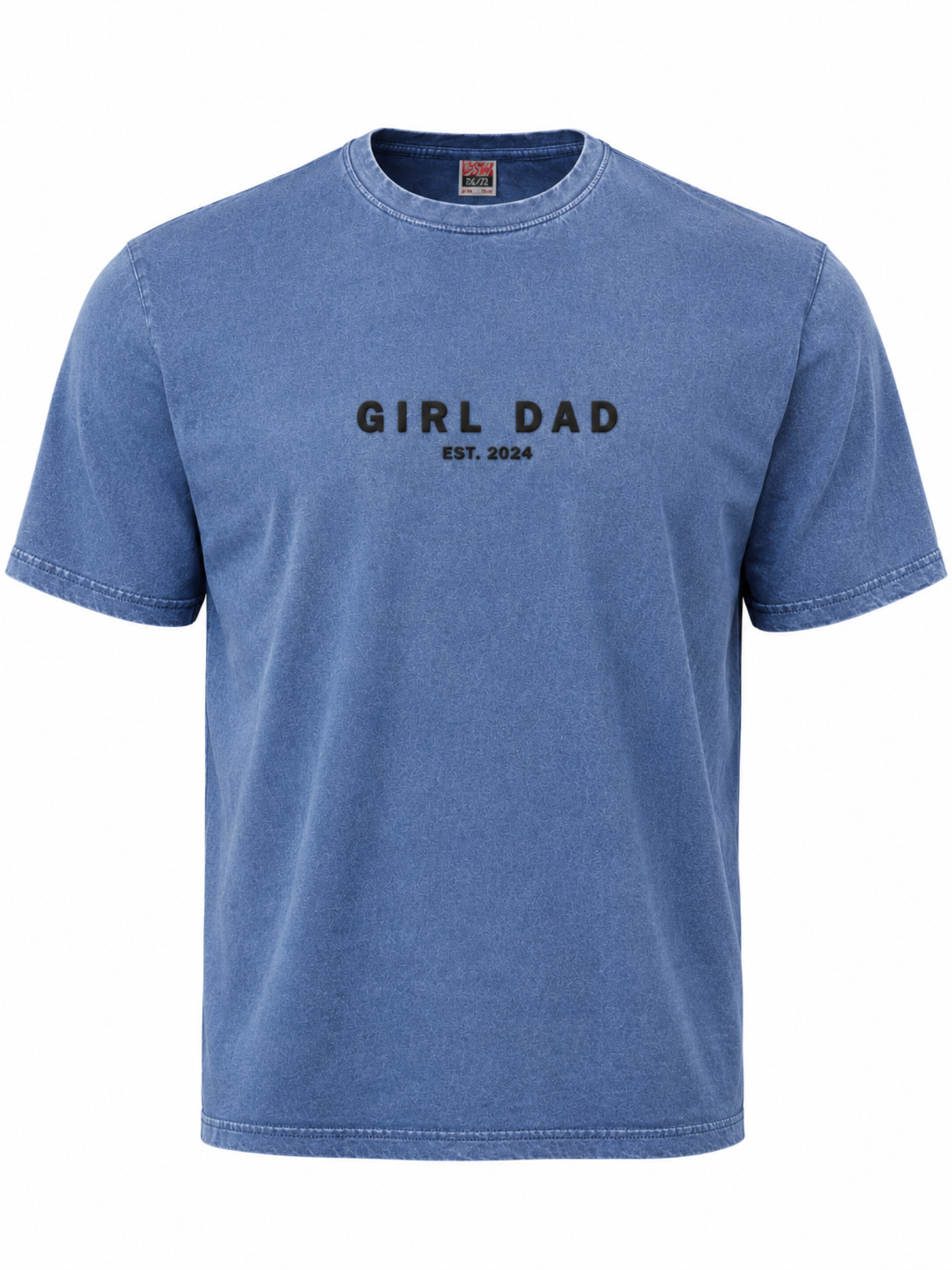 Vintage wash denim blue t-shirt mockup featuring a black puff print “Girl Dad” design with raised Siser Easy Puff vinyl texture. Premium minimalist Father’s Day graphic tee shown in angled close-up product photography with soft washed fabric detail.