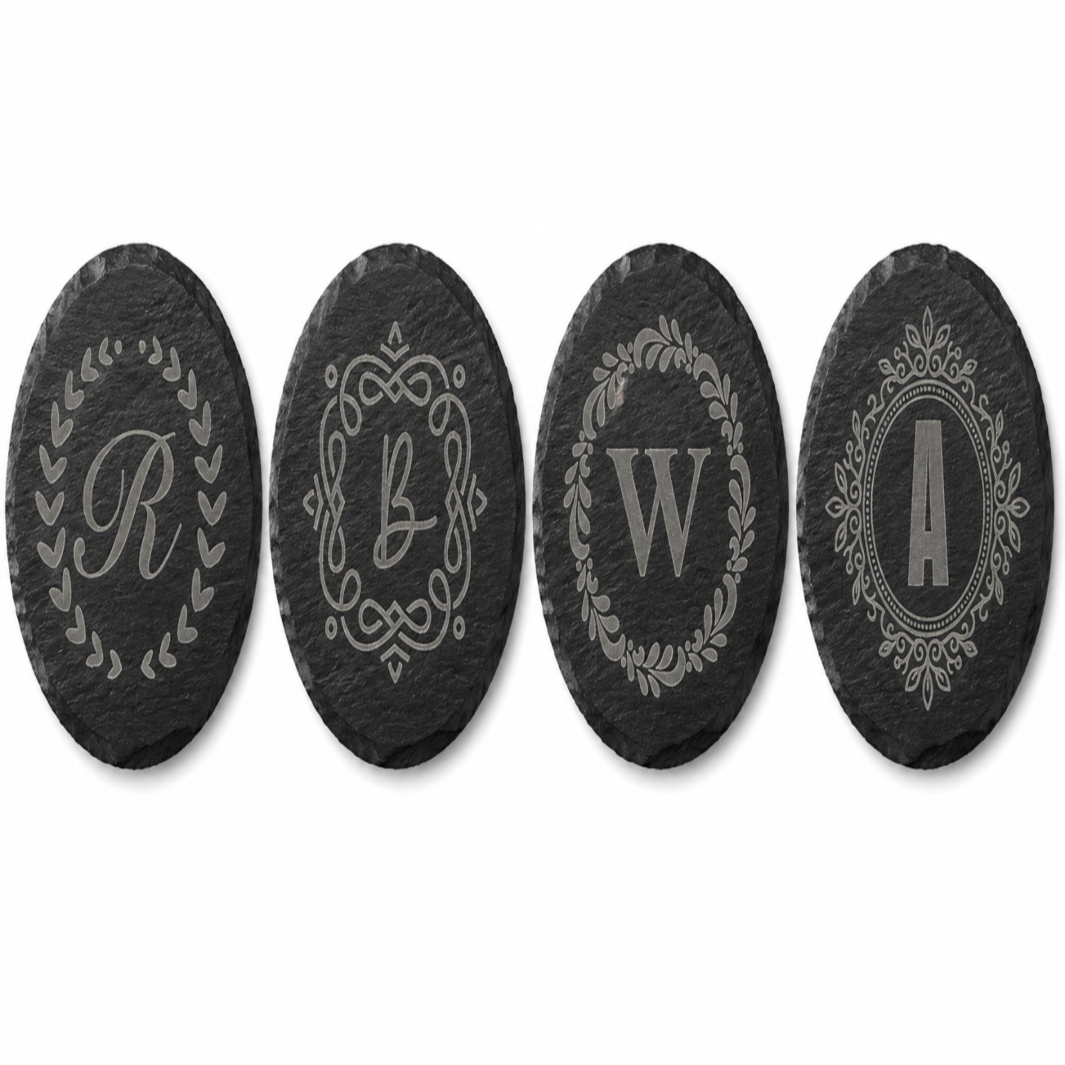 Personalized round black slate coaster engraved with custom monogram initial, elegant decorative border design, custom wedding and housewarming gift.