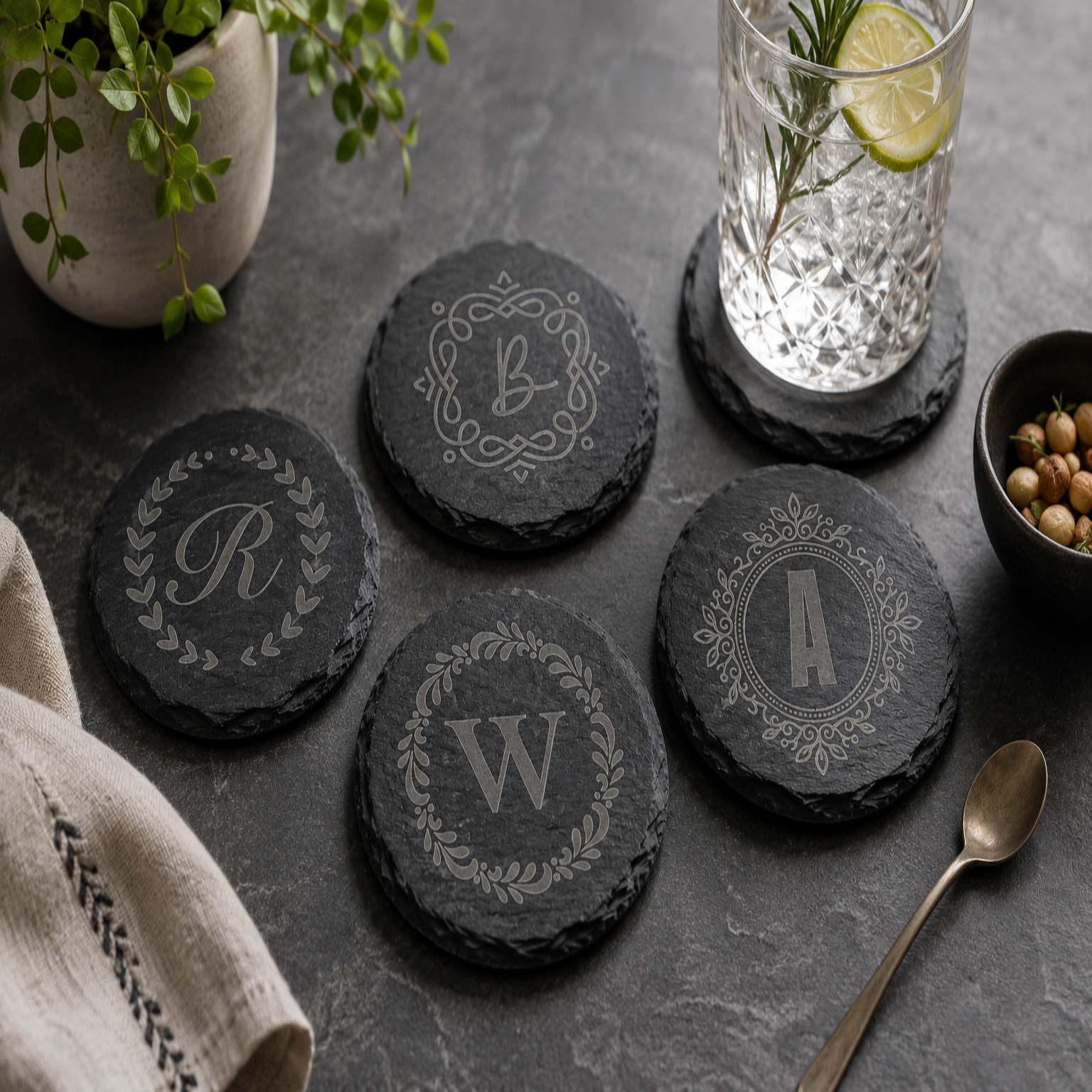 Personalized round black slate coaster engraved with custom monogram initial, elegant decorative border design, custom wedding and housewarming gift.