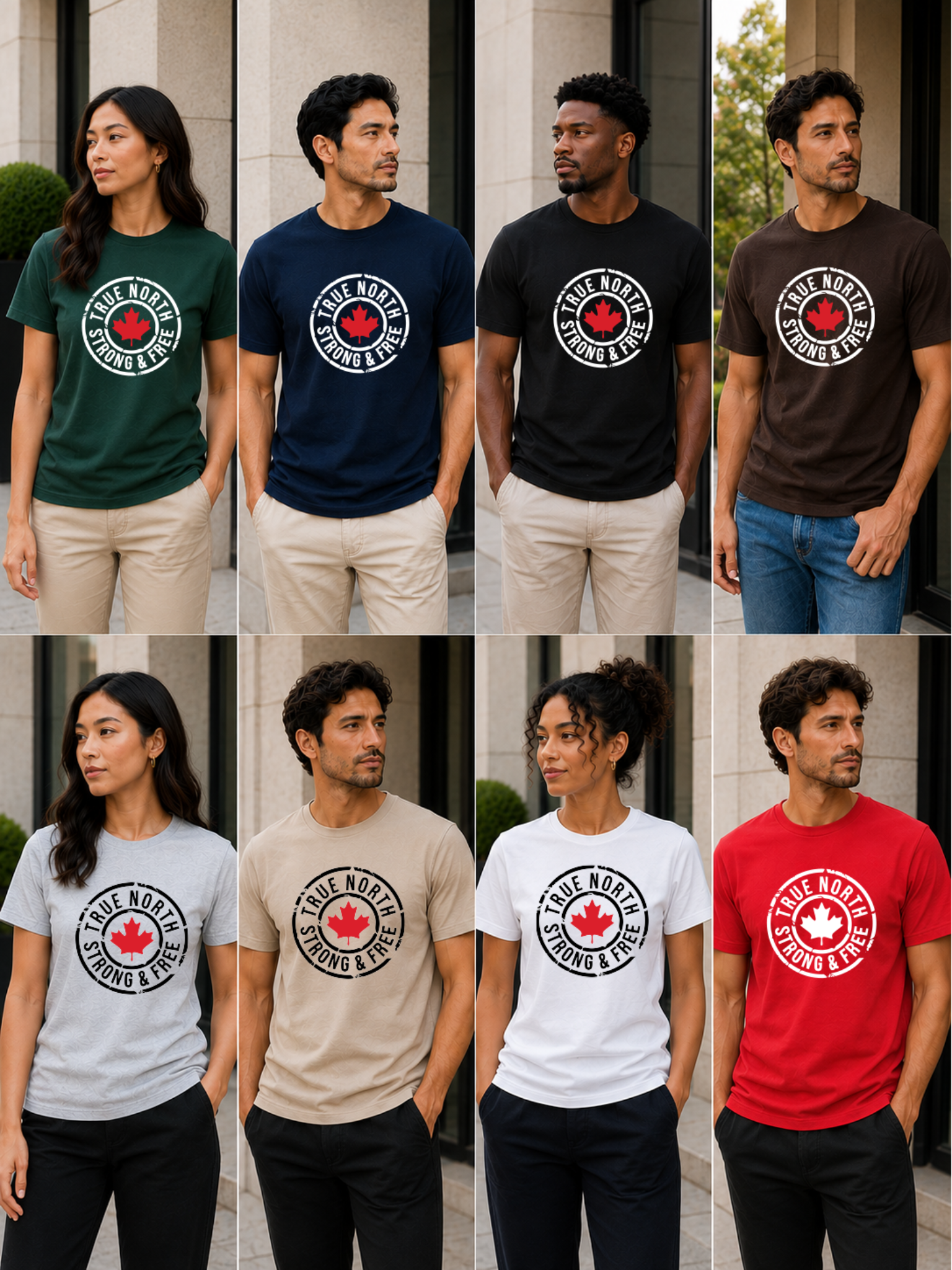 Collage of people wearing t-shirts with a logo and text on a building background