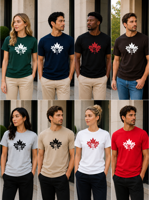 Grid of people wearing t-shirts with a maple leaf design in various colors and backgrounds.