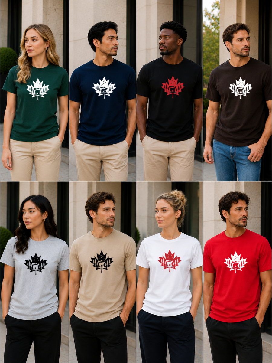 Grid of people wearing t-shirts with a maple leaf design in various colors and backgrounds.