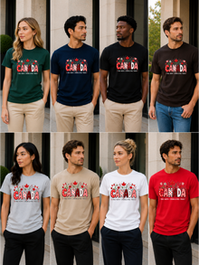 Grid of people wearing 'Canada' t-shirts in various colors and styles.