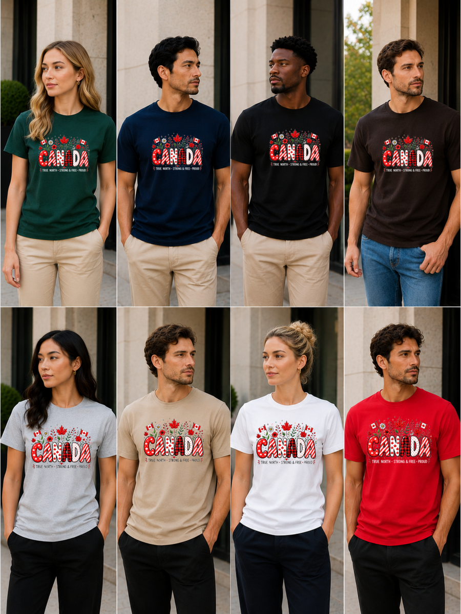 Grid of people wearing 'Canada' t-shirts in various colors and styles.