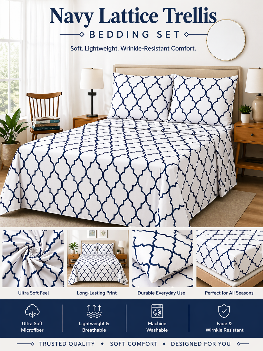 Navy Lattice Microfiber Bedding Set, Classic Pattern Sheets