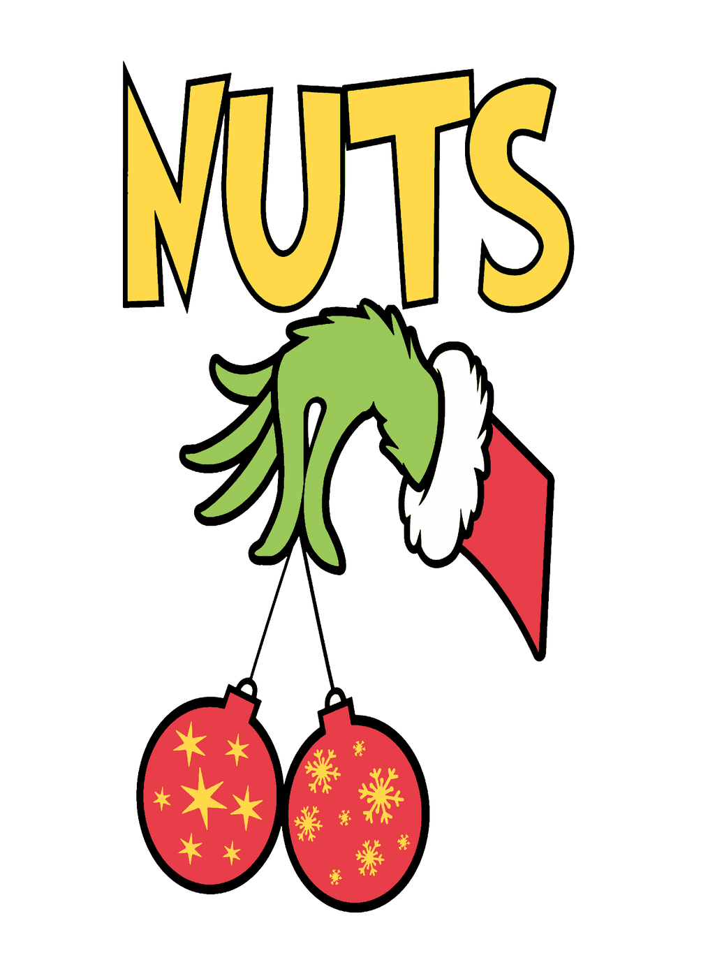 Cartoon hand with green sleeve and red hat holding two Christmas ornaments with 'NUTS' text above.