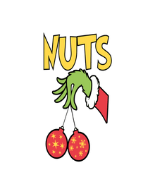 NUTS Grinch hand holding red ornament graphic design for custom holiday apparel printing