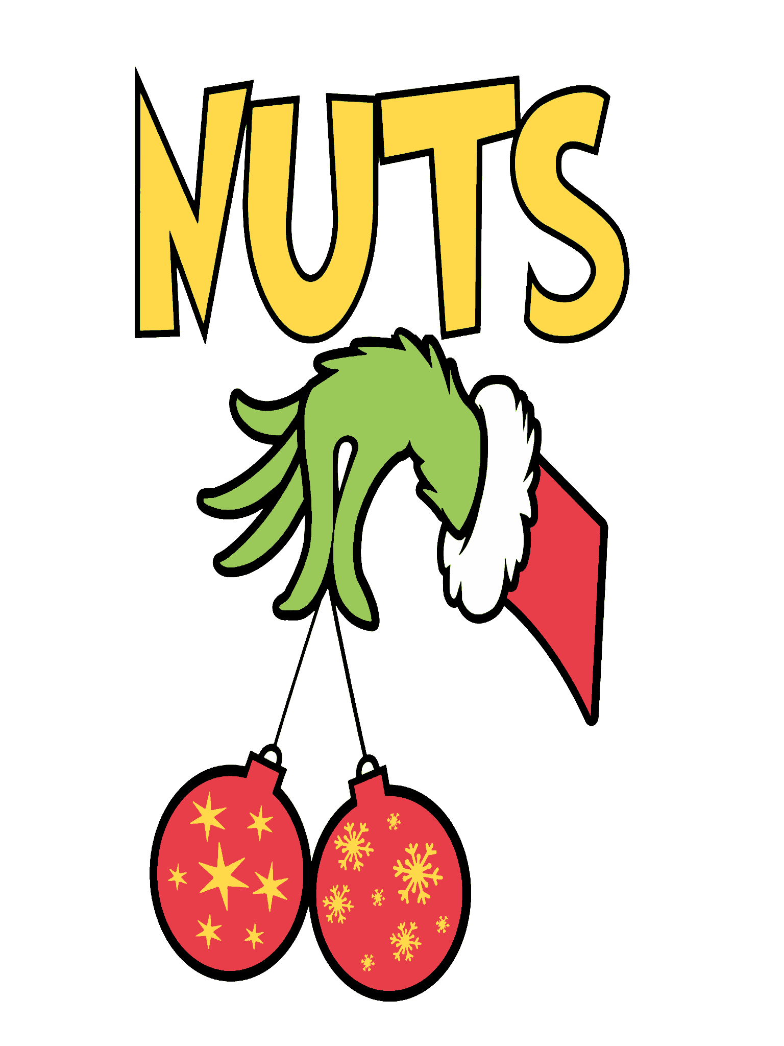 Cartoon hand with green sleeve and red hat holding two Christmas ornaments with 'NUTS' text above.