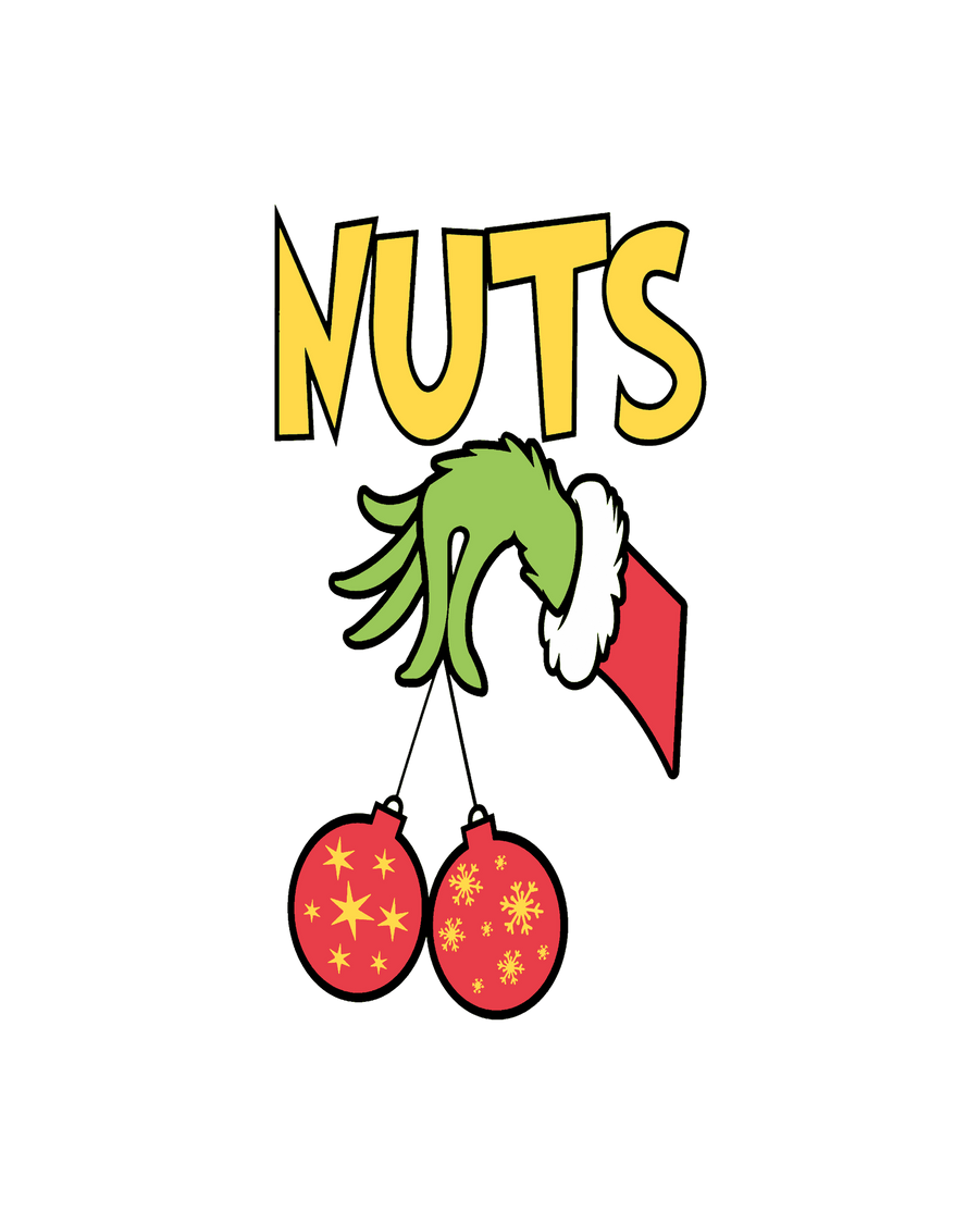NUTS Grinch hand holding red ornament graphic design for custom holiday apparel printing