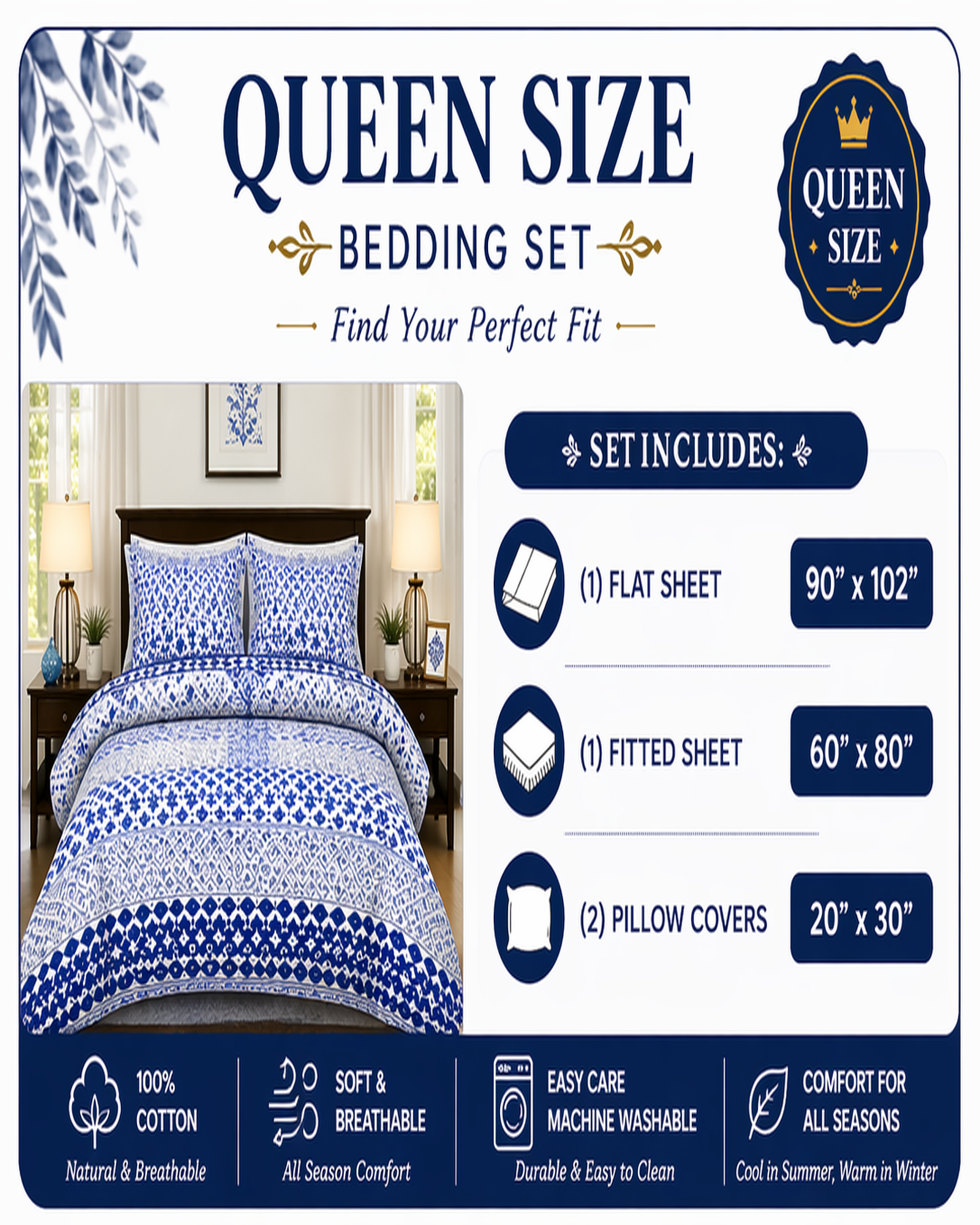 Ivory Garden Floral Bedding Set, Soft 100% Cotton Elegant Bedsheets — view 4