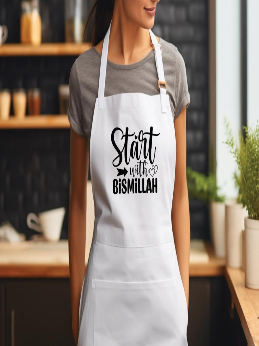 wearing white Start With Bismillah Islamic apron in modern kitchen