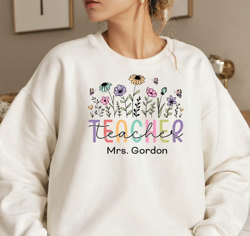Custom Crew Neck Hoodie, Retro Floral Teacher Design, Personalized Sweatshirt