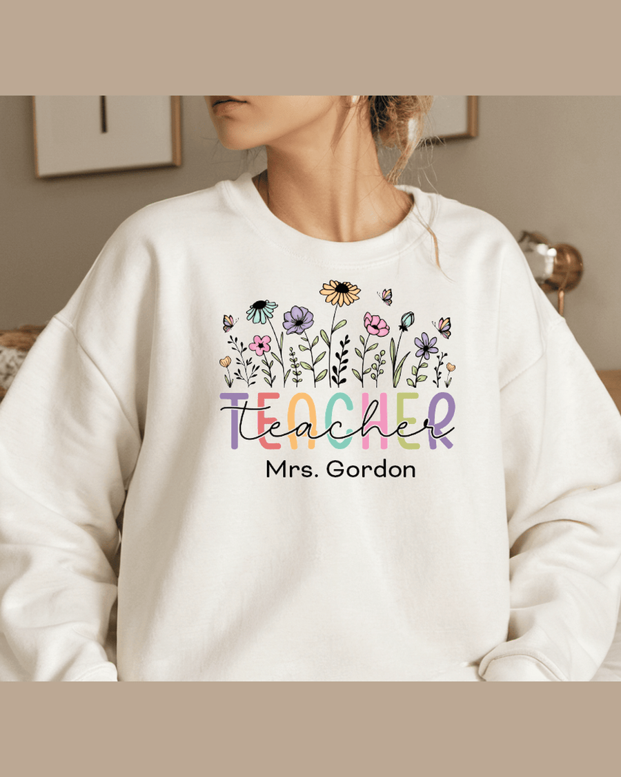 Custom Crew Neck Hoodie, Retro Floral Teacher Design, Personalized Sweatshirt
